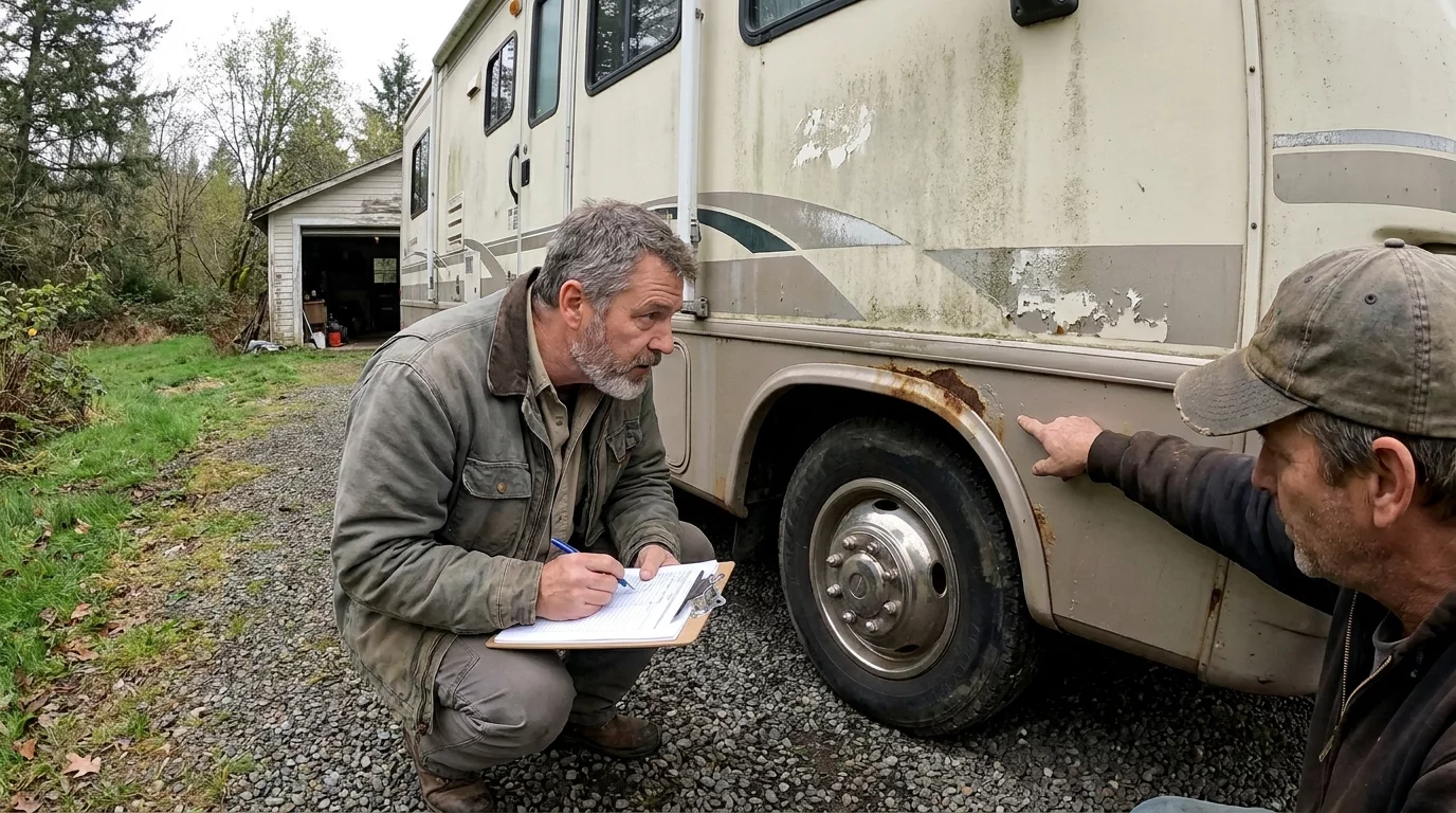 Acheteur inspectant un camping-car d'occasion avec le vendeur