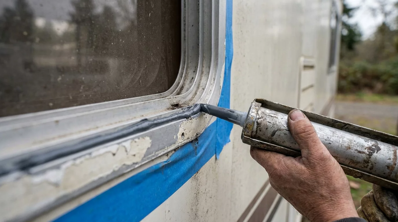 Application de mastic sur joint de baie de camping-car