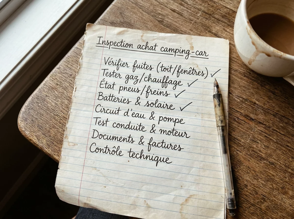 Checklist de verification manuscrite pour achat camping-car