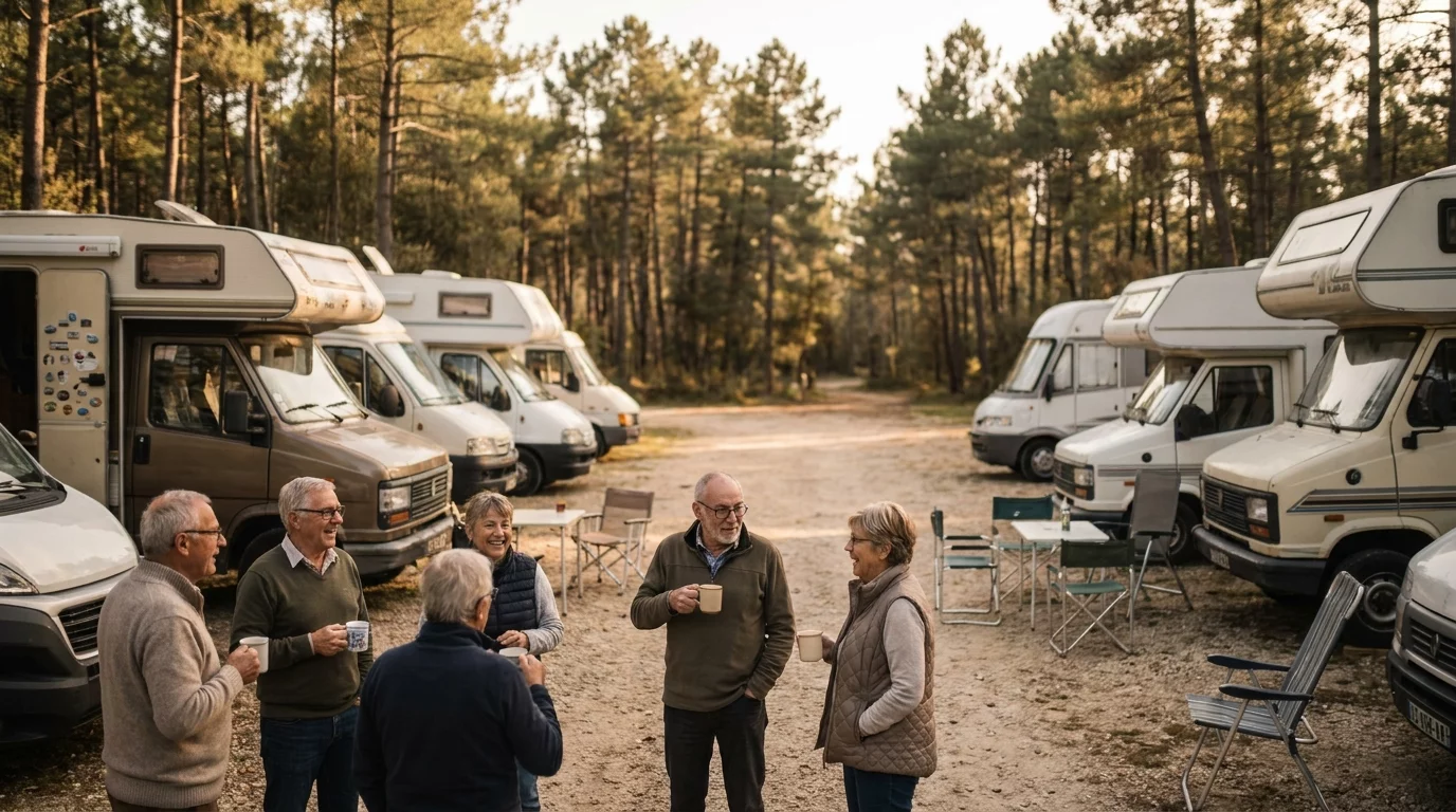 Rassemblement de camping-cars sur une aire avec camping-caristes qui discutent