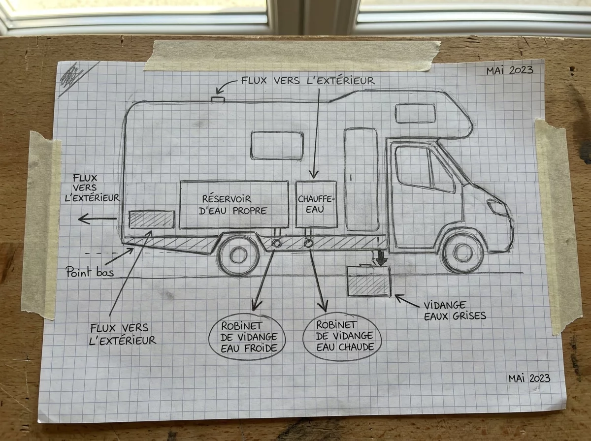 Schema des vannes de vidange sous un camping-car
