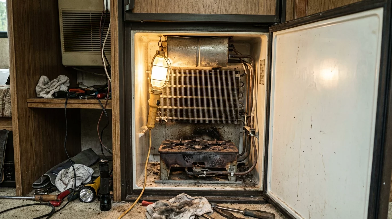 Vue arriere d'un frigo trimixte de camping-car ouvert